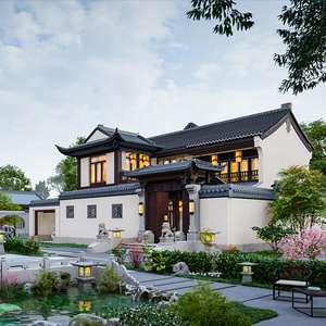 2225二层新中式四合院带院子车库别墅设计图纸中国风自建房屋农村