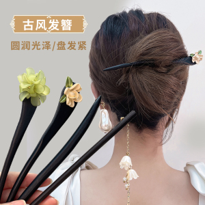 栀子花黑色木质珍珠发簪女夏天简约丸子头盘发钗高级感古风木簪子