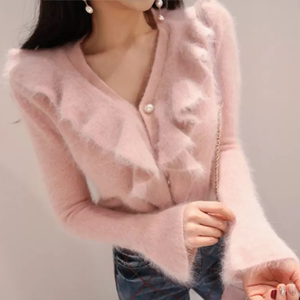 韩国女装冬 温柔风少女感V领荷叶边兔毛珍珠扣短款毛衣开衫针织衫