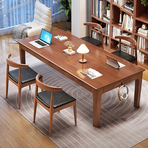 客厅实木大长书桌餐桌一体简约家用长条桌办公电脑桌四人位工作台