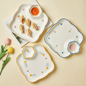 可爱卡通饺子盘子带醋碟儿童餐具碟子ins 风薯条水饺专用盘早餐盘