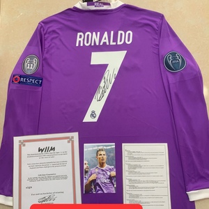 印签1617皇马客场紫色c罗球衣7号 签名球衣 欧冠决赛长袖足球服