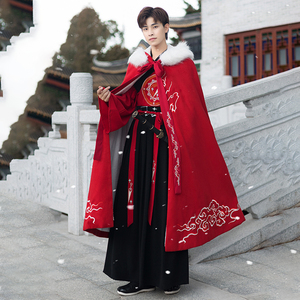 古风披风男秋冬款汉服男士斗篷加绒加厚保暖红色侠客仙气日常古装