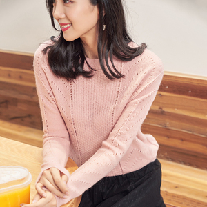 诗梦女装专柜正品21秋季新款圆领套头镂空宽松粉色马海毛针织毛衣