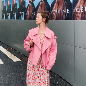 粉色皮衣外套女2021春秋季韩版宽松小个子短款潮流时尚个性皮夹克
