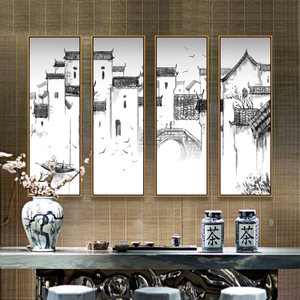 徽派建筑挂画新中式客厅四联装饰画茶室酒店四幅组合壁画中国风格