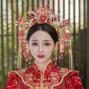 水舞u0782新娘头饰中式金底红琉璃珍珠凤冠古装汉服婚礼发饰品