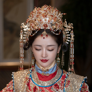qingliangwei淘宝新娘红色中式秀禾服结婚头饰古典长流苏凤冠古代