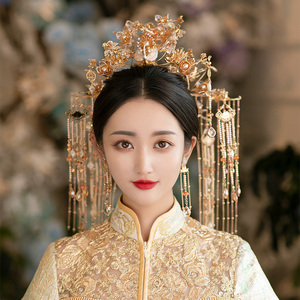 水舞u0463新娘头饰新款奢华金色凤冠古装结婚礼中式龙凤褂发饰