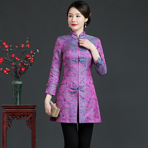 织锦缎民族风复古女士唐装上衣外套长袖旗袍式上衣秋冬装新款中式