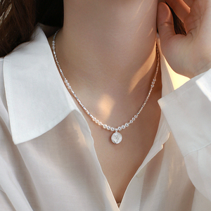 碎银子天然珍珠项链女S925银颈链时尚高级滴釉玫瑰花朵吊坠锁骨链