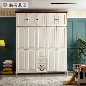 纯实木五门衣柜全原木美式乡村白色地中海香柏木大衣柜加顶柜