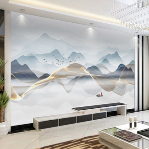 中式电视背景墙壁纸8d抽象山水画现代简约客厅墙纸3d影视墙布壁画