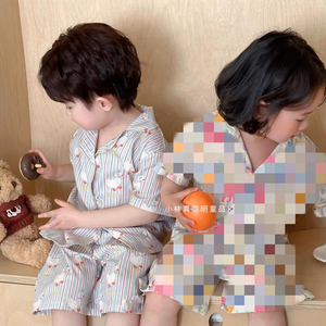 韩国儿童家居服夏季男女童纯棉卡通睡衣宝宝开衫短袖长裤空调服