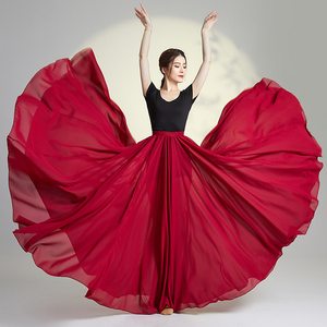 720度大摆舞蹈裙半身裙新疆舞红色大摆裙舞蹈服纱裙广场舞长裙