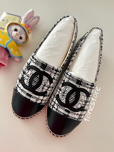 正品现货chanel香奈儿经典黑白毛呢编织格纹双c拼接一脚蹬渔夫鞋