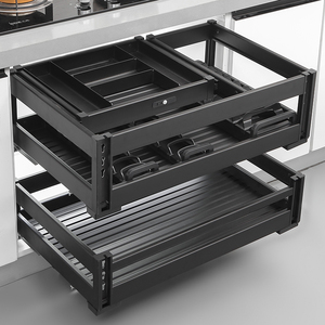 拉篮厨房橱柜三层抽屉式收纳架双层厨柜碗碟蓝全铝抽中抽百隆轨道