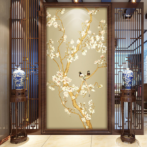 新中式清新花鸟墙纸壁画客厅玄关背景墙壁纸走廊过道竖版无缝墙布