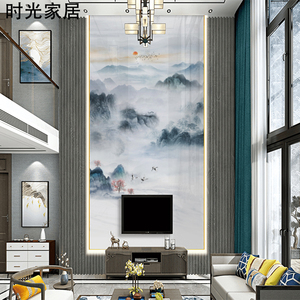 挑高中空复式楼电视背景墙壁纸别墅墙纸中式客厅山水壁画壁布墙布