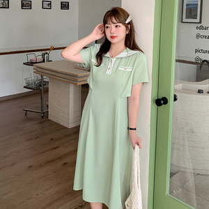 时尚大码胖女装海军领连衣裙女2024夏季新款收腰高腰设计感中长裙