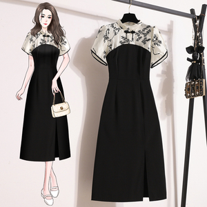 新中式改良旗袍国风黑色连衣裙夏季大码胖mm收腰遮肚气质开叉长裙