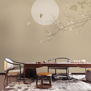 新中式古风竹梅花鸟客厅背景墙布壁纸卧室墙纸壁布民宿自拍馆壁画