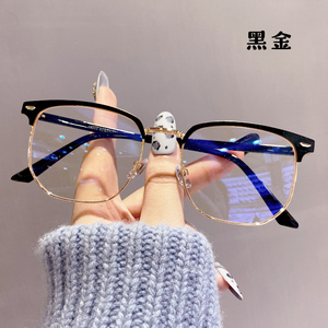 黑金半框金属近视眼镜框女可配镜片度数复古圆脸韩系超轻男眼睛架