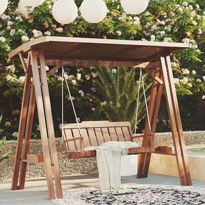 露台秋千户外庭院防腐木室外实木大人吊椅院内木头白色成人摇篮椅