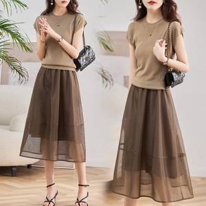 欧根纱连衣裙女夏季2024新款减龄显瘦气质韩版高级感套装裙两件套