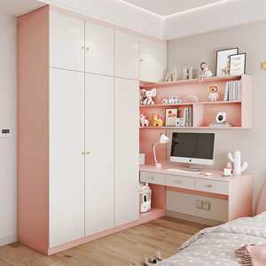 实木衣柜书桌一体转角组合收纳柜家用卧室儿童房女孩粉色衣橱定制