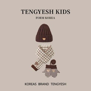 韩国TENGYESH儿童帽子针织毛线帽男孩女童冬季手套保暖围巾三件套