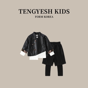 韩国TENGYESH男童皮衣外套2023新款时尚帅气夹克儿童复古中式套装
