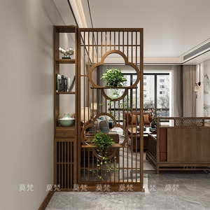 新中式屏风隔断客厅茶楼入户玄关镂空置物架实木移动花架定制座屏