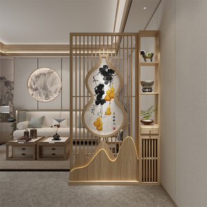 新中式葫芦屏风隔断墙客厅酒店玄关镂空实木置物架移动山形木座屏