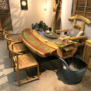 香樟木实木原生态弧形流水茶桌椅组合功夫茶台中式家用禅意茶几