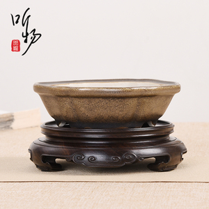 实木圆形底座花梨木整块镂空茶壶花瓶微型盆景茶杯玉石可挖槽木托