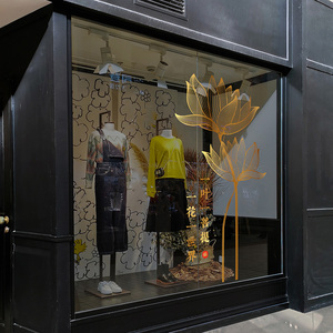 中国风金色荷花装饰静电橱窗贴画餐厅服装店茶楼轻奢包房玻璃布置