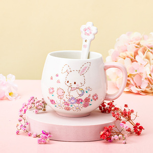 许愿兔日式家用杯子带勺可爱卡通少女马克杯大容量陶瓷学生喝水杯