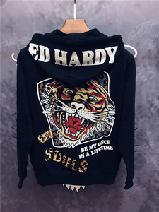 edhardy埃德哈迪潮牌印花烫钻老虎头新款外套男女同款连帽夹克