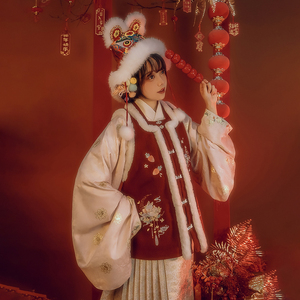 柏舟记兔汁滚滚古风汉服女现货明制绣花比甲秋冬萌玉兔子精拜新年