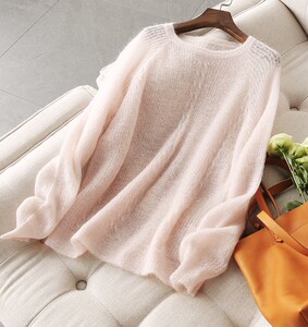 海马毛毛衣女慵懒宽松薄款马海毛透视镂空纯色针织衫罩衫上衣女