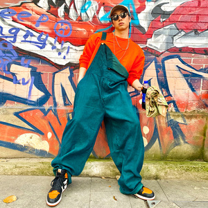 buddybody嘻哈街头宽松灯芯条长裤背带裤工装阔腿大码休闲连体裤
