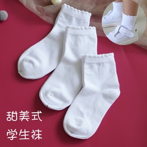 春秋女童花边袜子白色纯棉儿童公主袜中大童小学生白袜中筒袜夏季