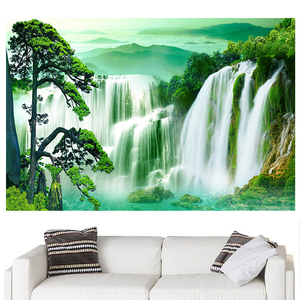 高山瀑布迎客松山水画装饰画客厅招财风水画流水生财墙贴壁画自粘