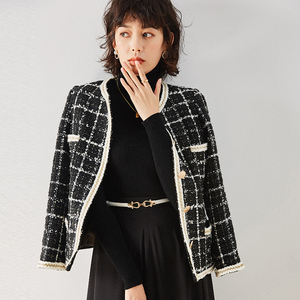 黑白格子外套女短款小香风