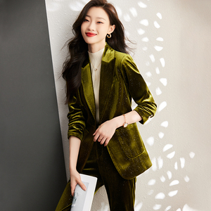 绿色金丝绒西装外套女春秋气质女神范职业装高级感灯芯绒西服套装