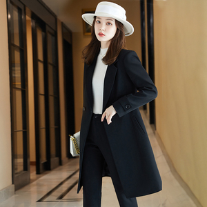 黑色风衣外套女中长款秋冬加厚2021年新款春秋毛呢大衣西装套装冬