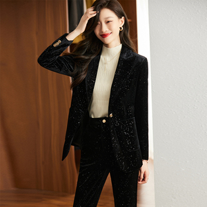 黑色金丝绒西装外套女秋冬2022新款高级感气质女神范职业套装西服