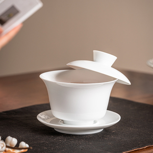 茶具可悬停三才盖碗茶杯陶瓷泡茶碗家用功夫茶具甜白瓷可定制雕刻