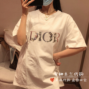dior/迪奥短袖女胸前彩色花卉刺绣渐变字母logo圆领宽松上衣t恤男